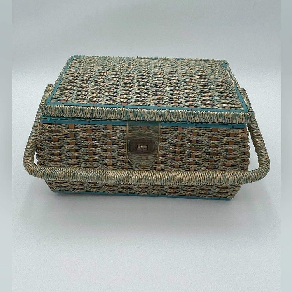 Vintage Wicker Sewing Basket with Organizer Tray